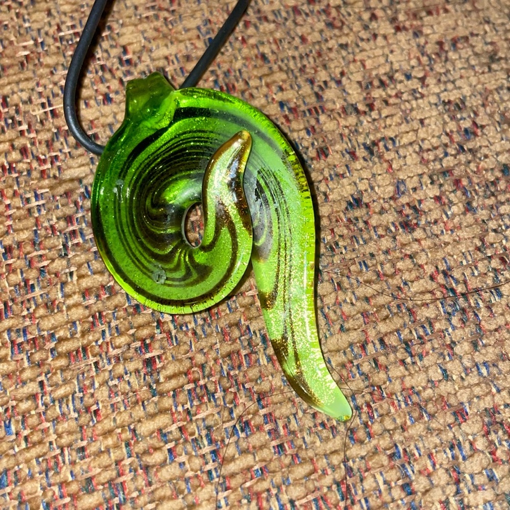 Venetian green glass pendant  w rubber necklace